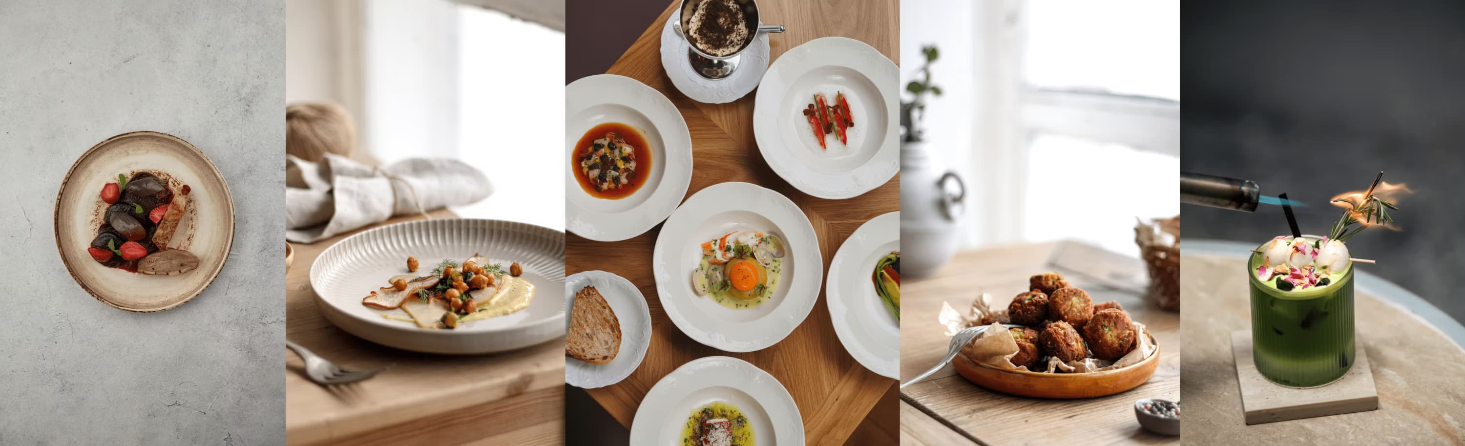 Verschillende afbeeldingen van gerechten die worden geserveerd in Le Soleil