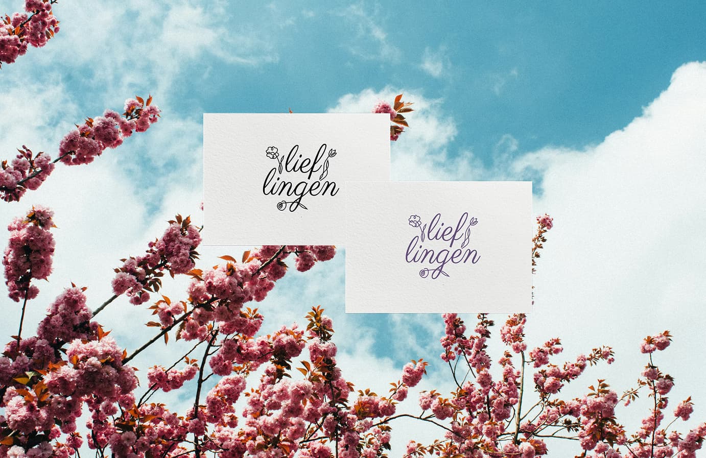 Twee kaarten waar je het logo van Lieflingen kunt zien. Eén in het zwart, de andere in paars.