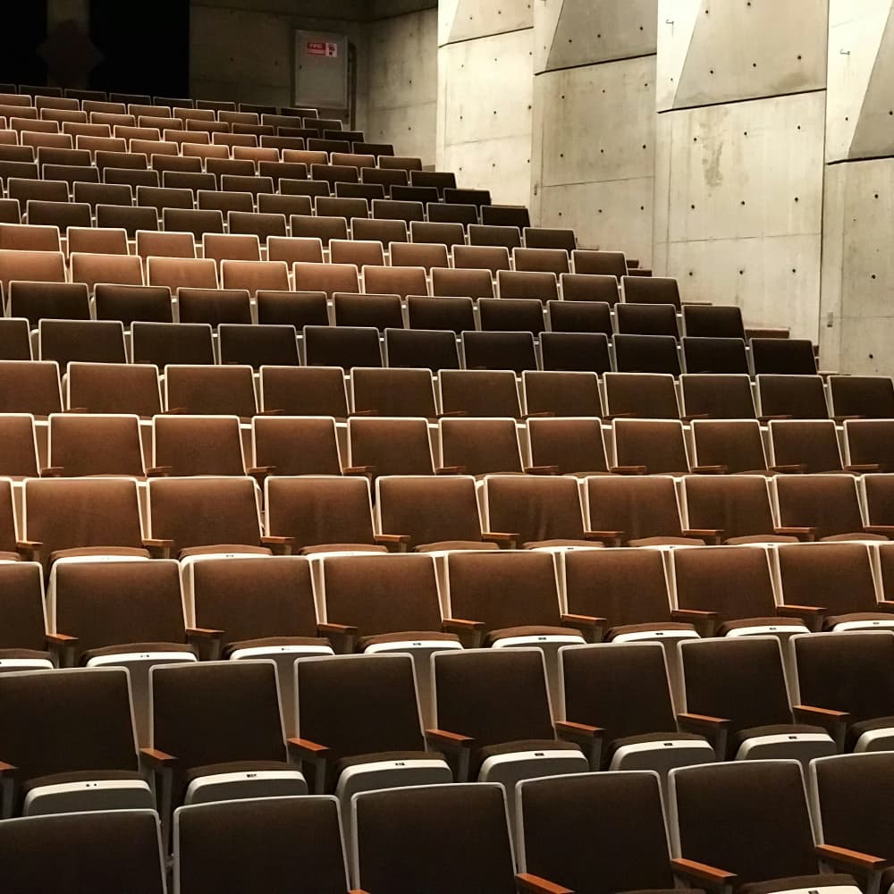 Een theaterzaal met bruine stoelen
