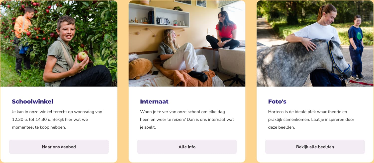 Websitekaarten voor Horteco met navigatie naar de schoolwinkel, het internaat en foto's.