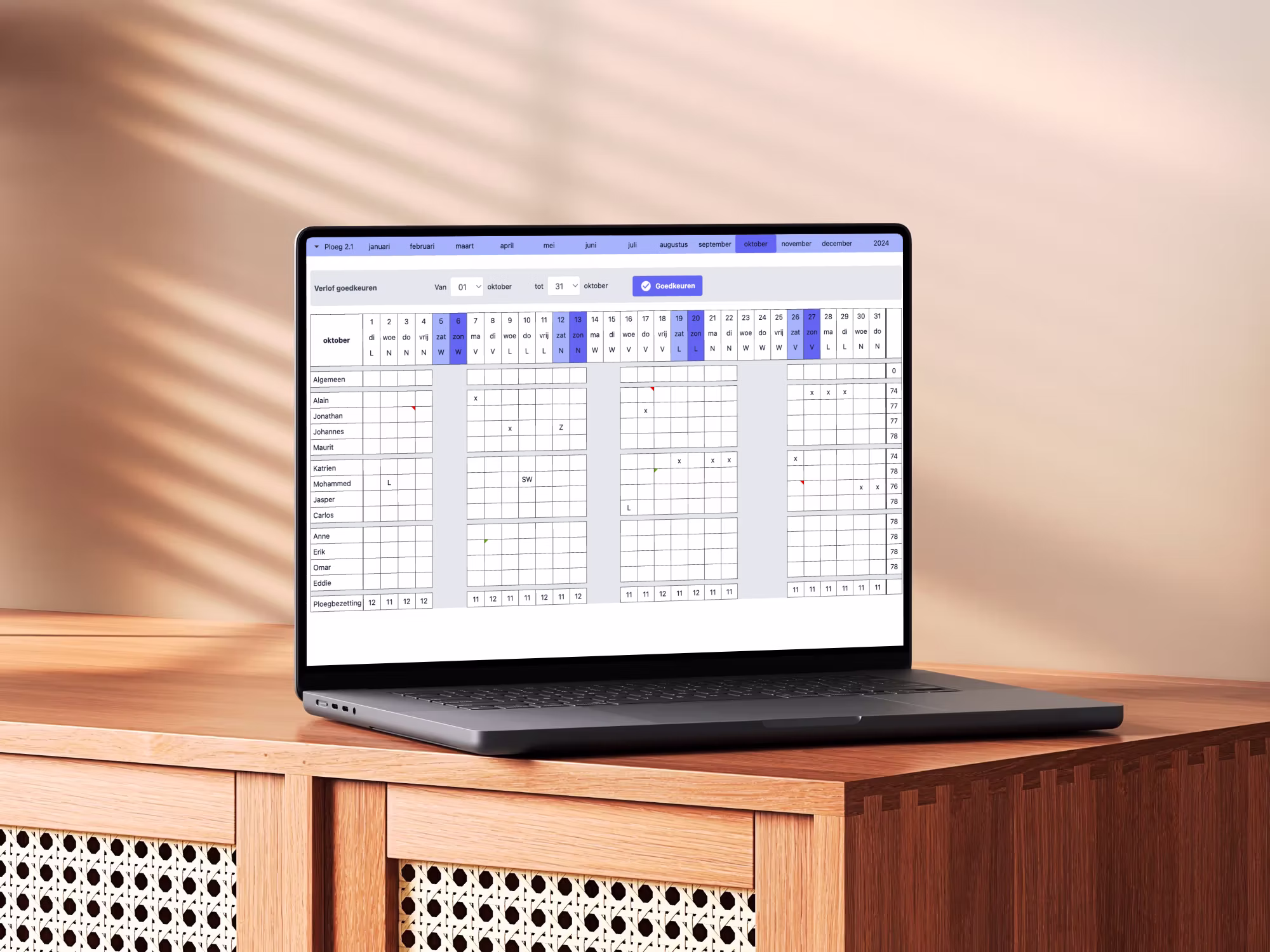 Overzicht van de ploegen met elks hun eigen shiftplanning
