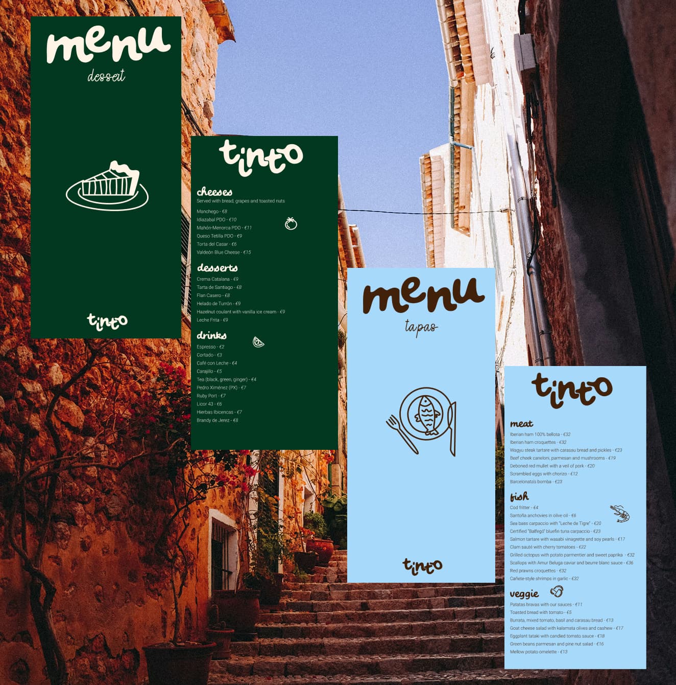 Voor- en achterkant van het dessertmenu en het tapasmenu.