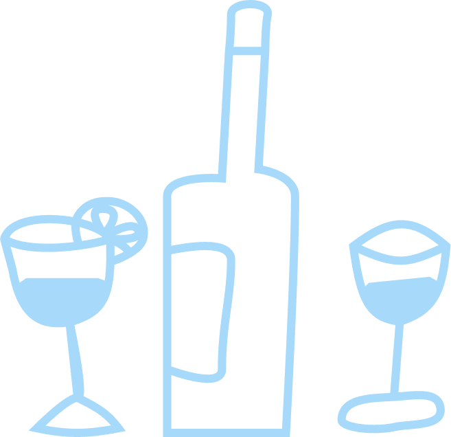 Een tekening van een fles wijn en twee gevulde glazen.