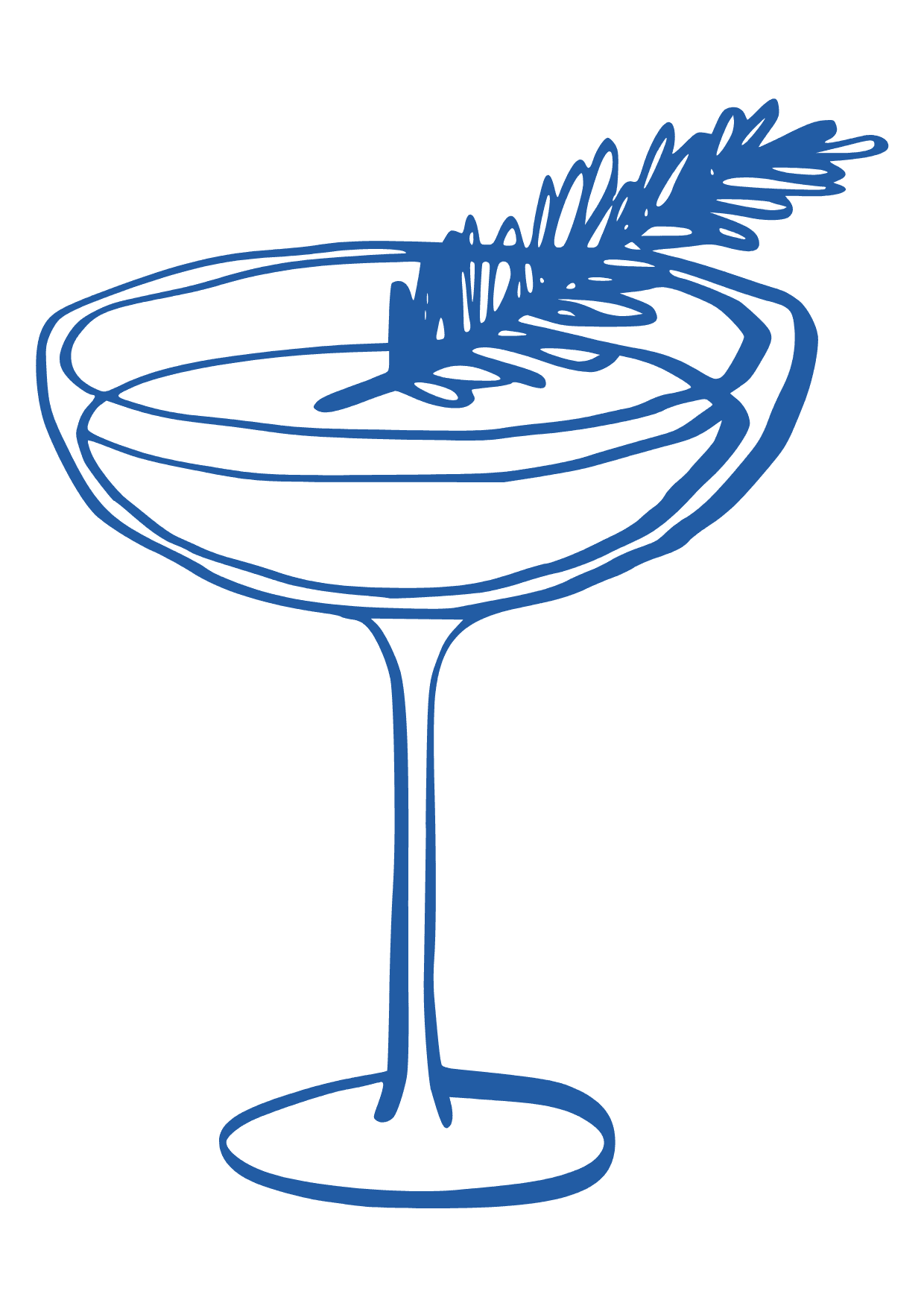 Een getekende cocktail glas met rozemarijn